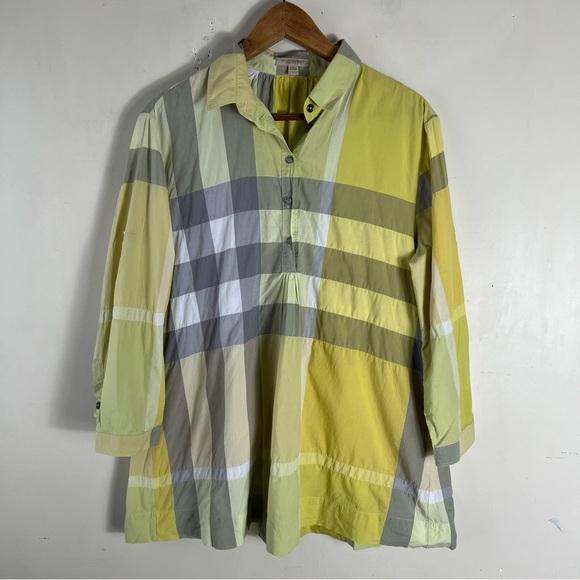 Burberry Brit Yellow Plaid Print Three-Quarter Sleeve Button-Up Top Size Large - Picture 2 of 11